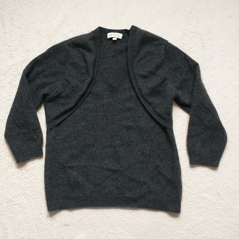 Kinross Sweater Girls L Gray Black 100%Cashmere VNeck BuiltIn Shrug Quiet Luxury